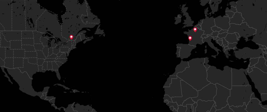 carte des bureaux Apperture localisant Paris, Bordeaux et Montreal